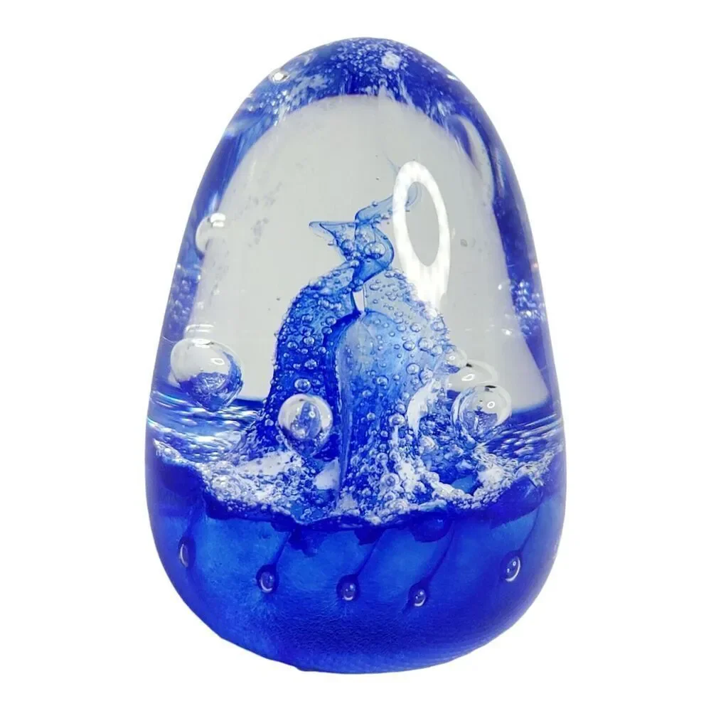 Vingate Glass Cobalt Blue Bubbles and Swirls Blown Glass‎ Paperweight Signed 3